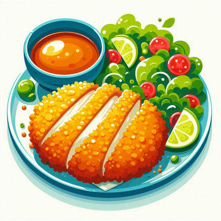 Illustration of a plate of fish cutlets with sauce and saladのイラスト素材