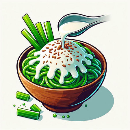 Illustration of a bowl of green chinese noodle soup with ingredientsのイラスト素材
