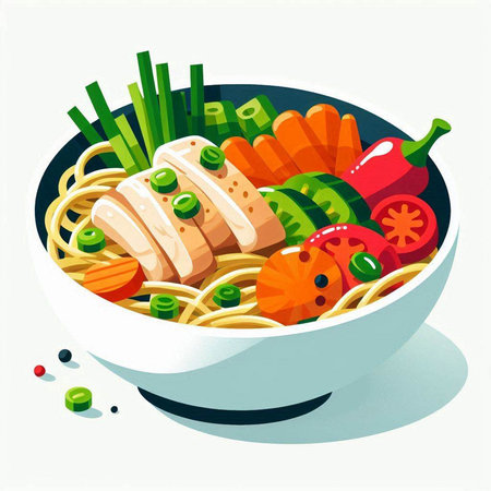 Bowl of noodle with chicken and vegetables. Vector illustration.のイラスト素材