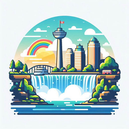 Vector illustration of a modern city landscape in flat style with skyscrapers, buildings, river and rainbow.のイラスト素材