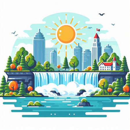 City landscape with waterfall and sun. Vector illustration in flat style.のイラスト素材
