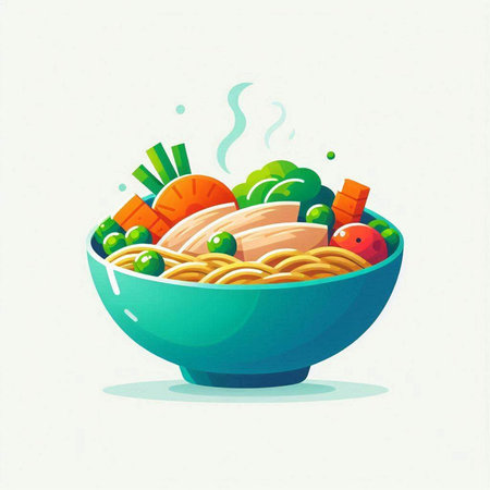 Vector illustration of a bowl of noodle soup with chicken and vegetablesのイラスト素材
