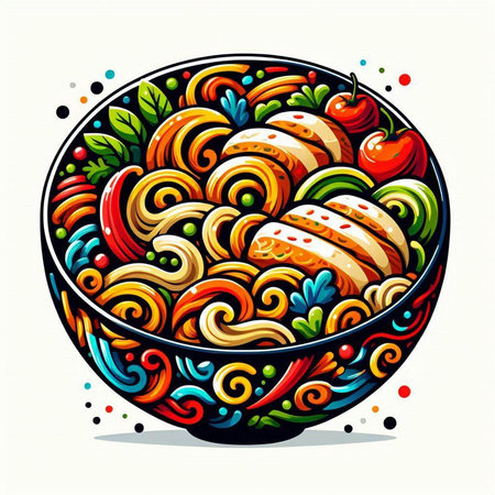 Vector illustration of a bowl of pasta with tomato and cucumber.のイラスト素材