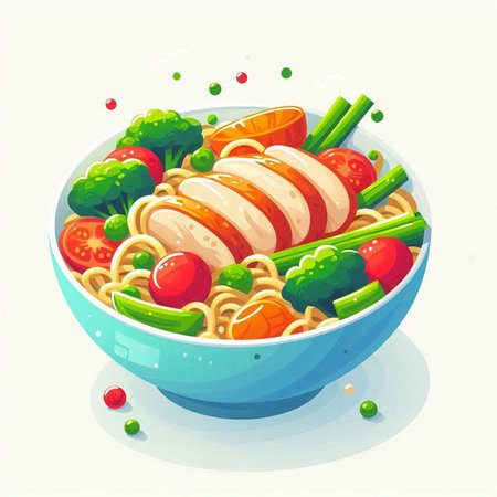 Bowl with noodle and chicken. Vector illustration in cartoon style.のイラスト素材
