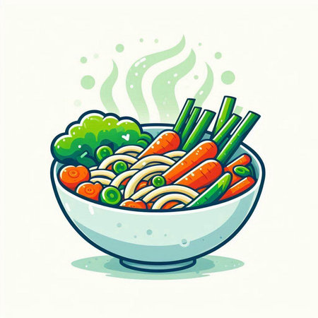 Illustration of a bowl of noodle with carrot and celeryのイラスト素材
