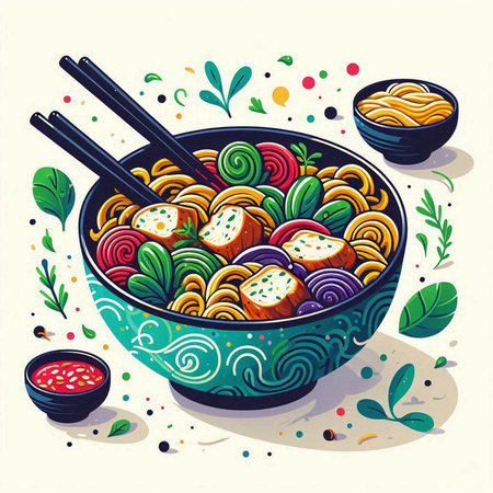 Noodles with vegetables in a bowl. Hand drawn vector illustration.のイラスト素材