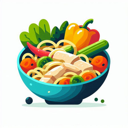 Bowl of noodle soup with chicken, vegetables and greens. Vector illustration.のイラスト素材