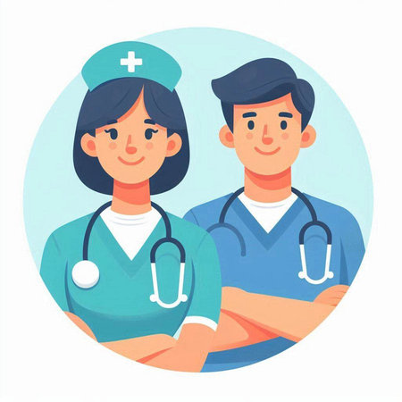 Vector illustration of a nurse and a doctor in a flat style.のイラスト素材
