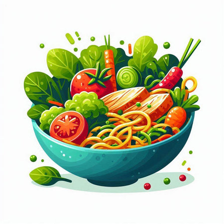 Salad with chicken and vegetables in a bowl. Vector illustration.のイラスト素材