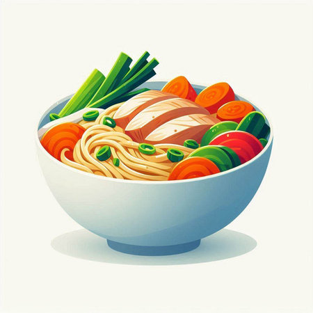 Illustration of a bowl of noodle soup with chicken and vegetablesのイラスト素材