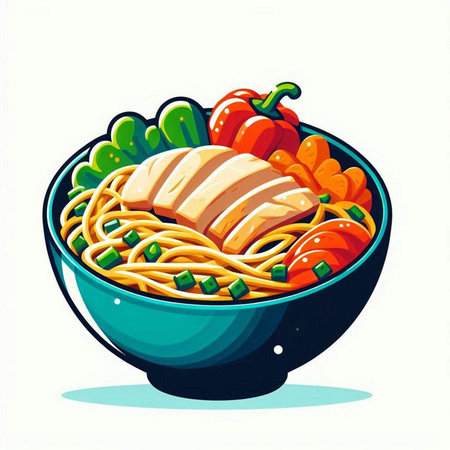 Illustration of a bowl of noodle with chicken and vegetables.のイラスト素材
