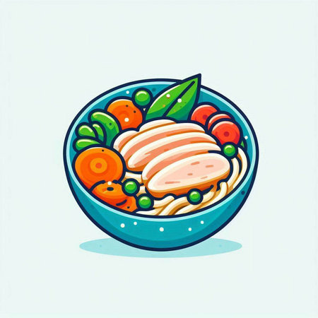 Bowl of noodle soup with chicken and vegetables. Vector illustration.のイラスト素材