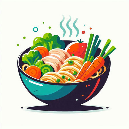 Bowl of noodle soup with carrot and onion. Vector illustration.のイラスト素材
