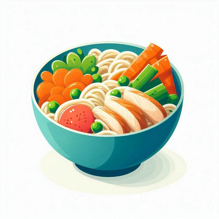Bowl of noodle soup with chicken and vegetables. Vector illustration.のイラスト素材