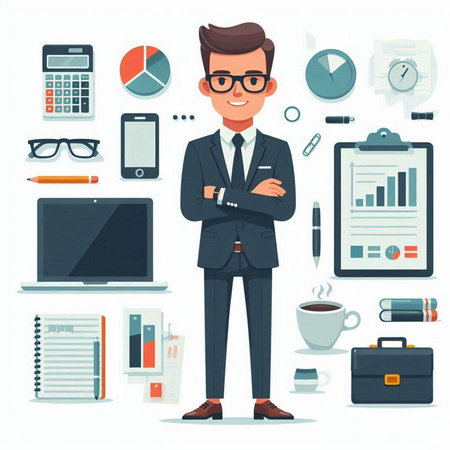 Businessman in office flat vector illustration. Businessman character standing with his arms crossed.のイラスト素材