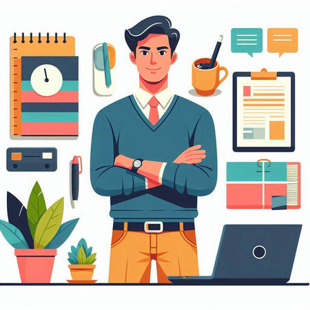 Businessman at work. Vector illustration in flat cartoon style. Male character in office environment.のイラスト素材