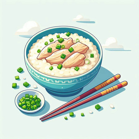 Illustration of a bowl of rice with chicken and green onions.のイラスト素材