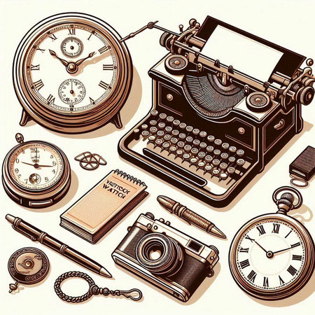Vintage typewriter, camera, clock and notebook. Vector illustration.のイラスト素材