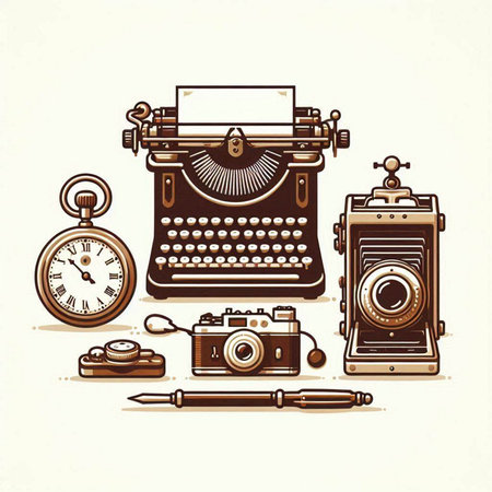 Retro typewriter, camera, compass and clock. Vintage vector illustration.のイラスト素材