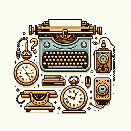 Vector illustration with vintage typewriter, clock, alarm clock and books. Retro style.のイラスト素材