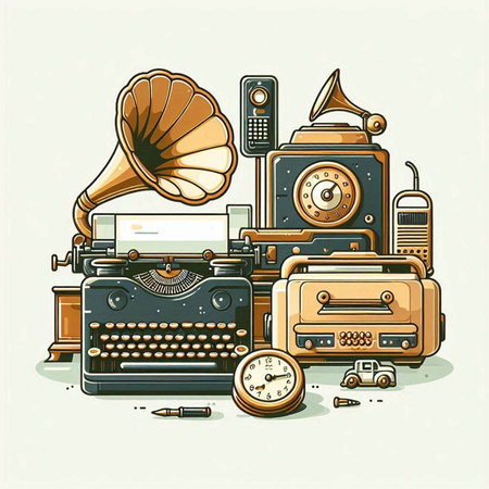 Vintage vector illustration of a retro typewriter, gramophone, radio and other items.のイラスト素材