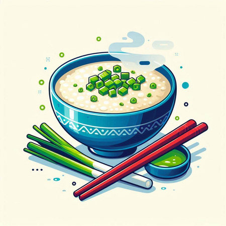 Illustration of a bowl of rice with green onions and chopsticksのイラスト素材
