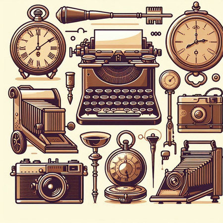 Vintage retro icons set with old typewriter camera and camera isolated vector illustrationのイラスト素材