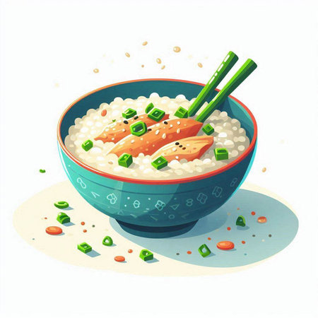 Illustration of a bowl of rice porridge with salmon and green onionsのイラスト素材