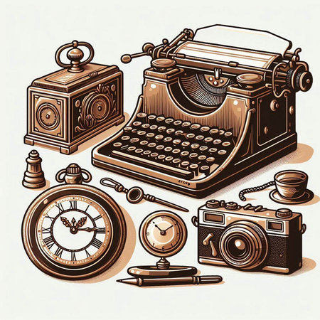 Vintage retro typewriter, camera and clock. Vector illustration.のイラスト素材
