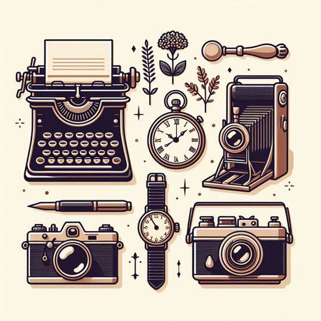 Vintage typewriter, camera, clock and other elements. Vector illustration.のイラスト素材