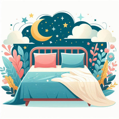 Vector illustration of a bed with a pillow and a blanket in the nightのイラスト素材