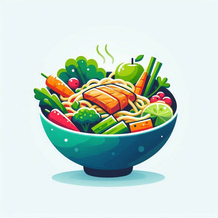 Bowl of noodles with vegetables and meat. Vector illustration in cartoon style.のイラスト素材