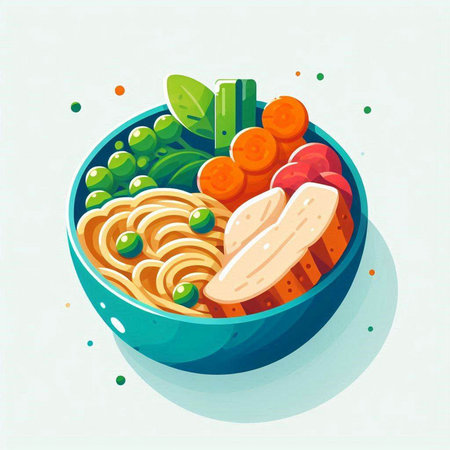 Bowl of noodle with vegetables. Vector illustration in cartoon style.のイラスト素材