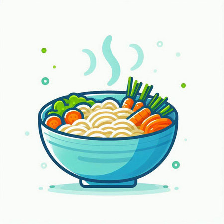 Bowl of noodle soup with carrot and onion. Vector illustration.のイラスト素材