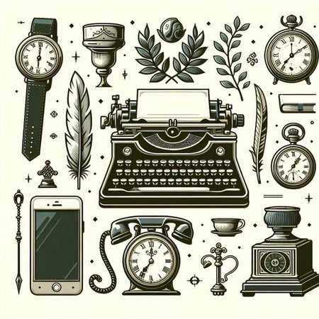Vintage hand drawn vector illustration with old typewriter, clock, watch, inkwell, feather, magnifying glass, feathers, inkwell, inkwell, pocket watch, phone.のイラスト素材