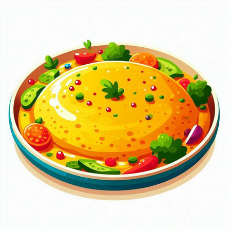 Vector illustration of a bowl of omelette with vegetables on a white backgroundのイラスト素材