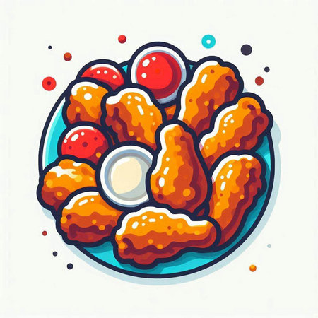 Illustration of fried chicken wings on a plate. Vector illustration.のイラスト素材
