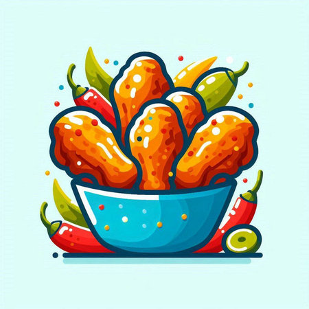Illustration of hot chili peppers in a bowl on a blue backgroundのイラスト素材