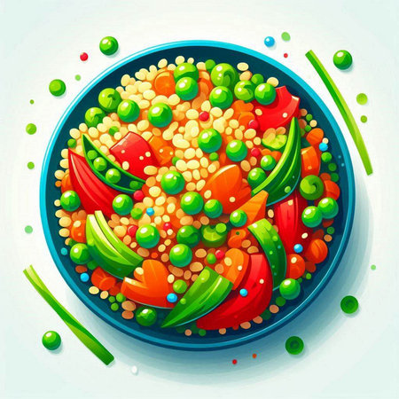 Vegetable salad in a blue plate with green peas, tomatoes, cucumbers, peppers and onions. Vector illustration.のイラスト素材