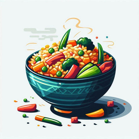 Vector illustration of a bowl of bulgur salad with vegetables and spicesのイラスト素材