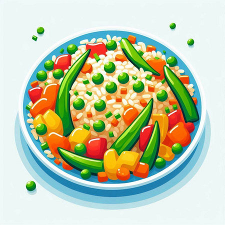 Illustration of a bowl of rice with green peas and bell pepperのイラスト素材