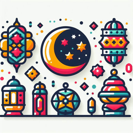 Colorful Ramadan Kareem greeting card with Arabic lanterns. Vector illustration.のイラスト素材