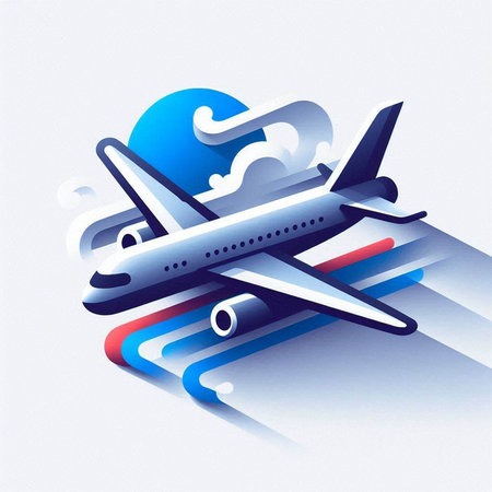 Airplane flying in the blue sky and clouds. Vector illustration.のイラスト素材