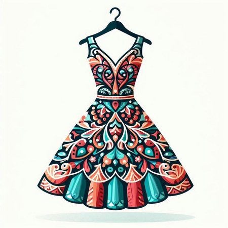Beautiful dress with ornament on a hanger. Vector illustration.のイラスト素材