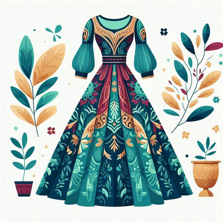 Vector illustration of a beautiful woman's dress with ornaments.のイラスト素材