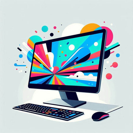 Colorful vector illustration of modern desktop computer with colorful abstract background.のイラスト素材