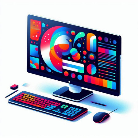 Computer display with colorful abstract pattern on white background. Vector illustration.のイラスト素材