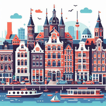 Amsterdam Netherlands cityscape. Vector illustration in flat design style.のイラスト素材