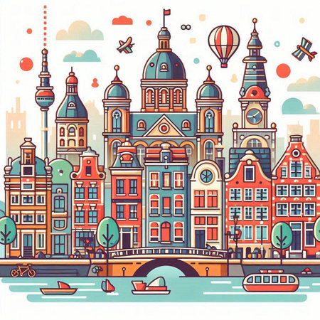 Amsterdam cityscape. Hand drawn vector illustration. Travel and tourism concept.のイラスト素材