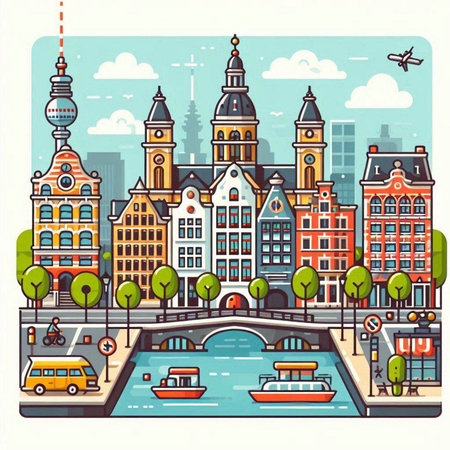 Amsterdam, Netherlands. Cityscape. Vector illustration in flat styleのイラスト素材